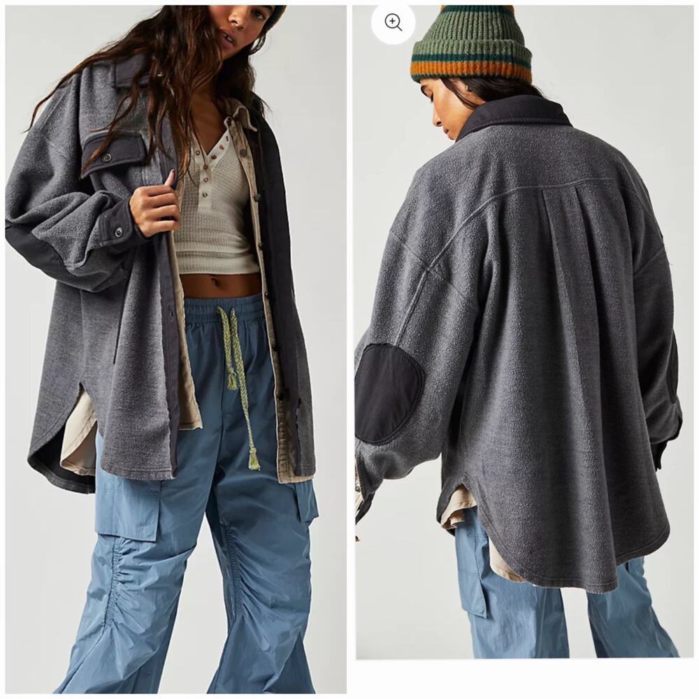 Free People Ruby Fleece Shirt Jacket Plum Gray S Oversized Button Front Pockets - Picture 1 of 9
